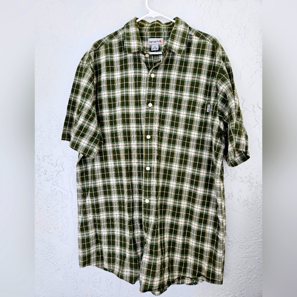 Carhartt Shirt Mens XL Extra Large Green Plaid Short Sleeve Cotton Button Down
